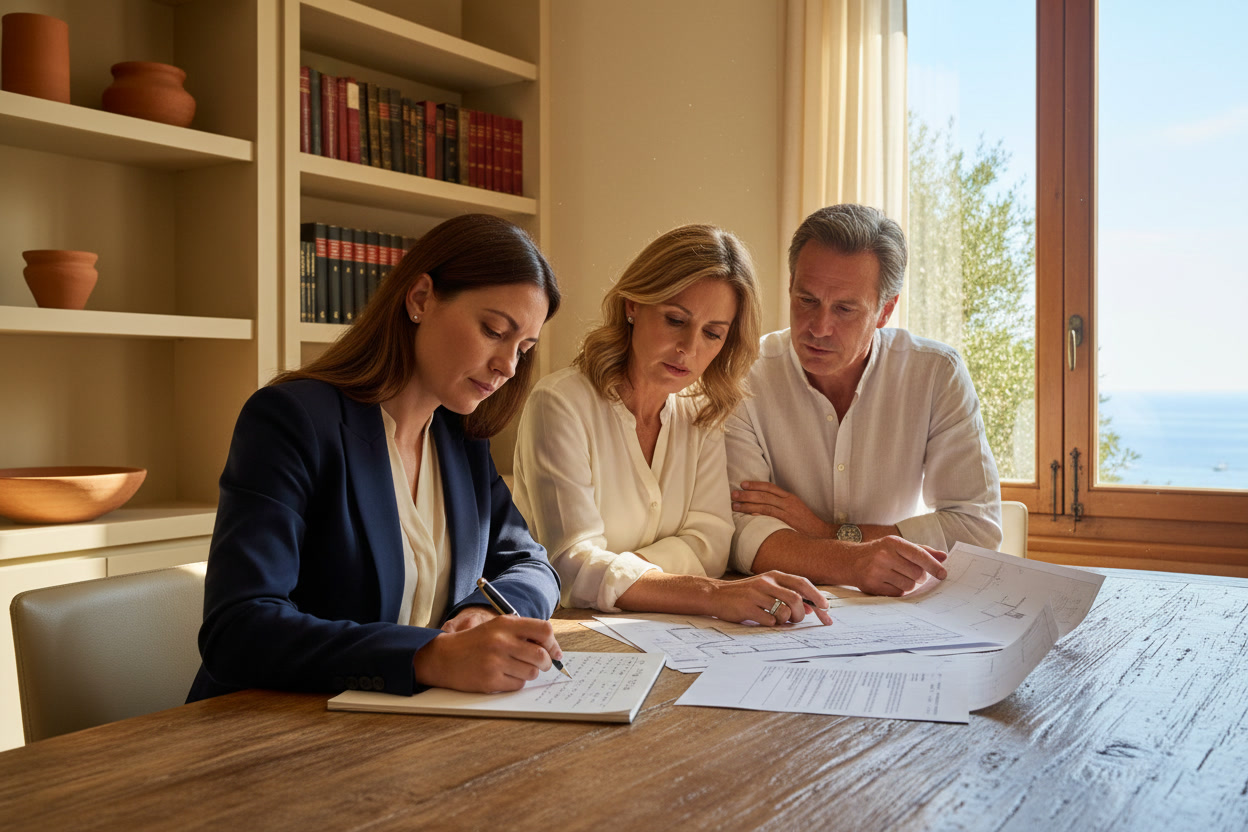 An English-speaking Spanish lawyer walks a British couple through their Manilva property documents.